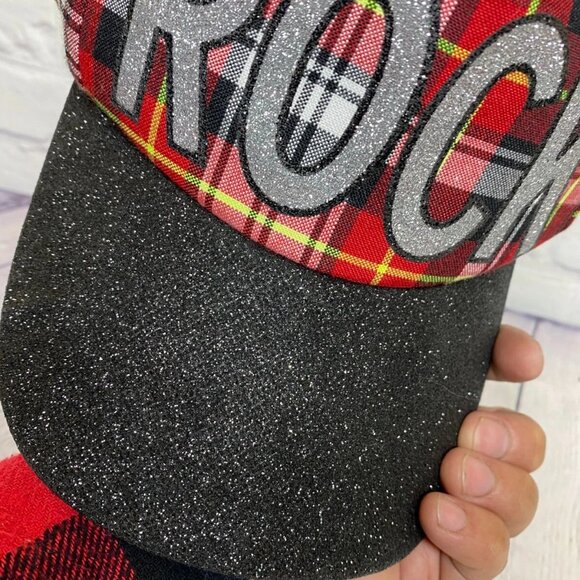 Justice Girls Baseball Hat Plaid Tartan Cap ROCK Glittered Glitters Adjustable - Picture 6 of 6